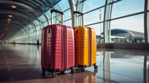 Duas malas no aeroporto ou na estação de comboios no corredor vazio ao lado da janela panorâmica