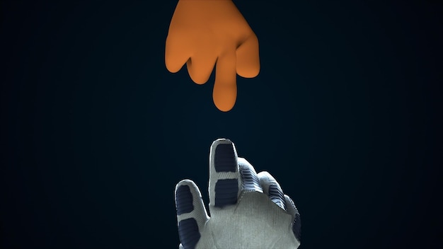 Duas mãos alcançando uma à outra no espaço renderização em 3d Fundo de desenho animado gerado por computador