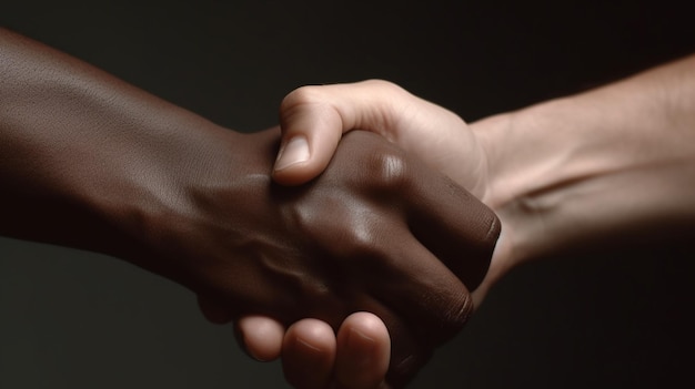 Duas mãos apertando com uma das mãos de uma pessoa negra.