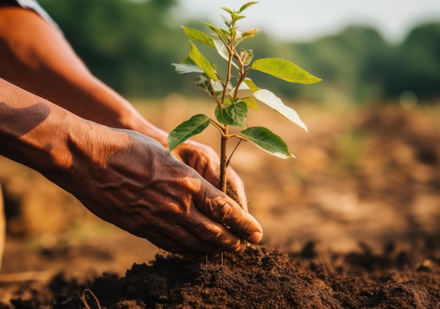 Foto duas mãos dos homens estavam plantando as mudas no chão para secar ai generative