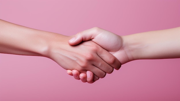 Duas mãos humanas juntas em fundo rosa para o Feliz Dia da Amizade