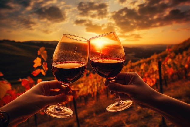 Duas mãos seguram taças de vinho contra o fundo do pôr do sol Casal bebe vinho ao ar livre Homem e mulher estão jantando romântico