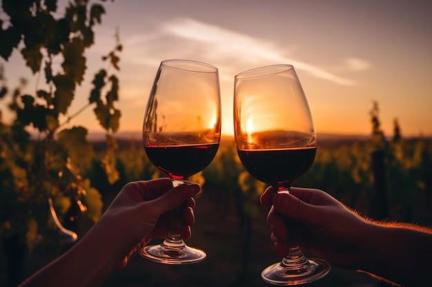 Duas mãos seguram taças de vinho contra o fundo do pôr do sol Casal bebe vinho ao ar livre Homem e mulher estão jantando romântico