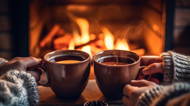 Duas mãos segurando copos de café na frente da lareira