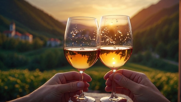 duas mãos segurando copos de vinho com o pôr do sol no fundo