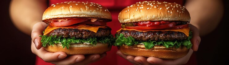 Foto duas mãos segurando diferentes hambúrgueres contra um fundo vermelho mostrando a escolha e o apelo do fast food