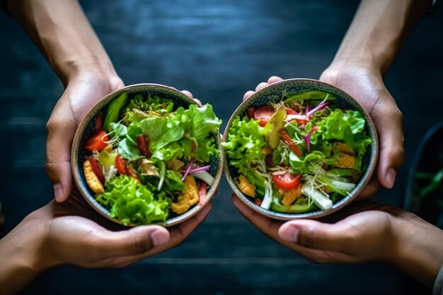 Foto duas mãos segurando tigelas de salada com uma sendo segurada por um homem