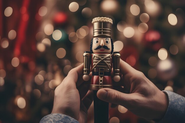 Foto duas mãos segurando um quebra-nozes com um fundo desfocado de luzes de natal