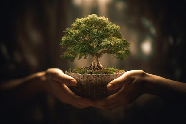 Duas mãos segurando uma planta com a palavra árvore