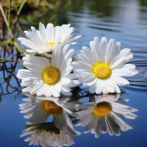 Foto duas margaridas se refletem na água .