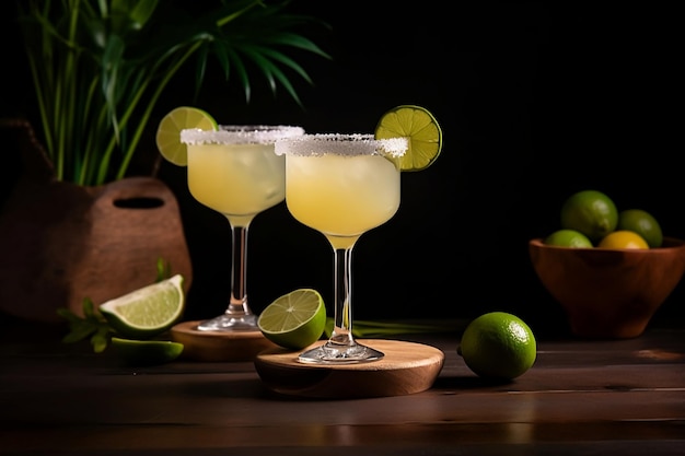 Duas margaritas com limão em um fundo escuro