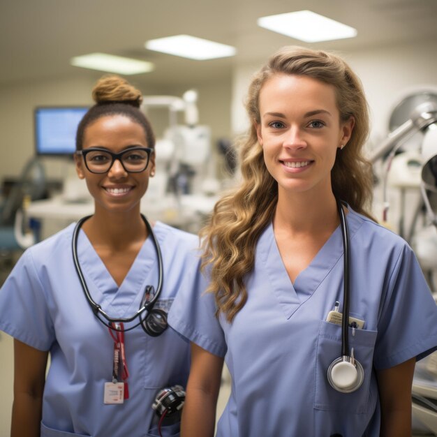 Duas médicas de roupas azuis sorrindo para a câmera em um ambiente hospitalar