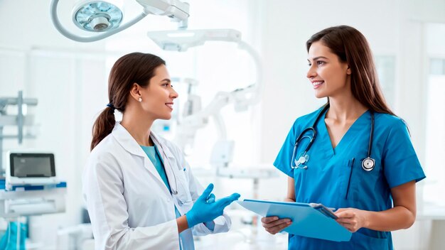 Foto duas médicas estão a falar num laboratório com uniformes azuis.