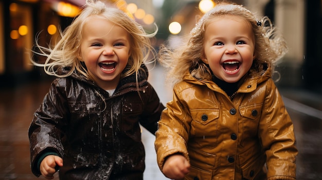 Duas meninas a caminhar na chuva