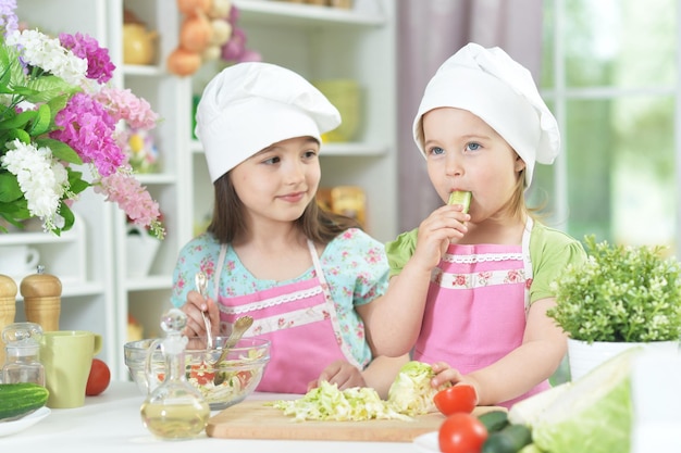 Duas meninas adoráveis em aventais preparando uma deliciosa salada