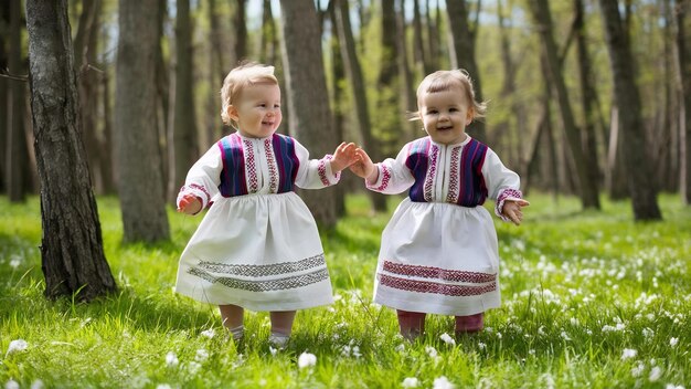 Foto duas meninas bebês em vestidos tradicionais ucranianos brincando na floresta de primavera