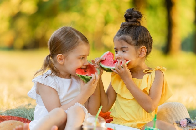 Duas meninas brincando sentadas em um piquenique e comendo um pedaço de fruta melancia no jardim ao ar livre