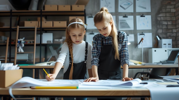 Duas meninas caucasianas a fazer papelada e a brincar de designer.