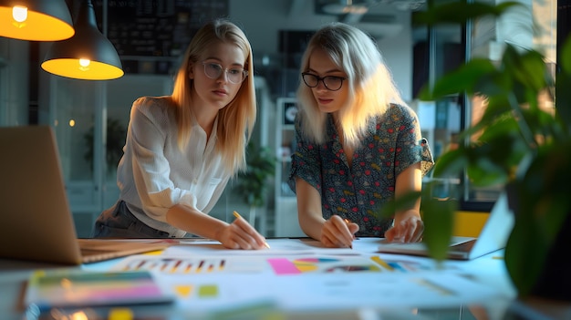 Duas meninas caucasianas criativas trabalhando juntas para projetos artísticos