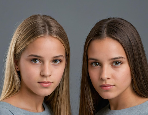 Foto duas meninas com cabelos loiros longos e uma camisa cinzenta com as palavras a palavra em i