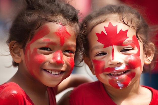 Duas meninas com Canadá vermelho pintado em seus rostos estão sorrindo e sorrindo.