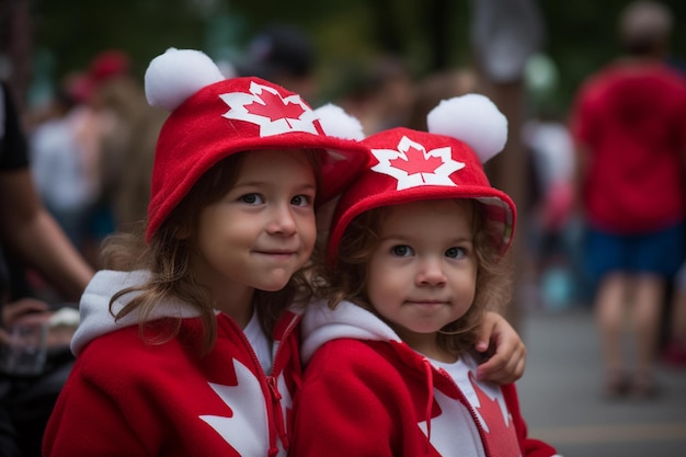 Duas meninas com chapéus vermelhos e brancos e uma delas está usando um chapéu vermelho e branco.