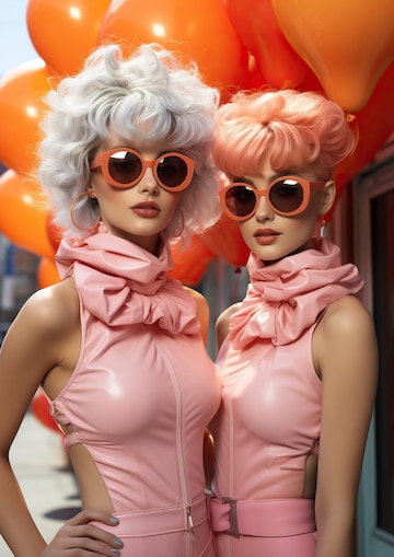 Duas meninas com roupas em tons pastéis e cabelos rosa posando juntas. ia  de pessoa não real