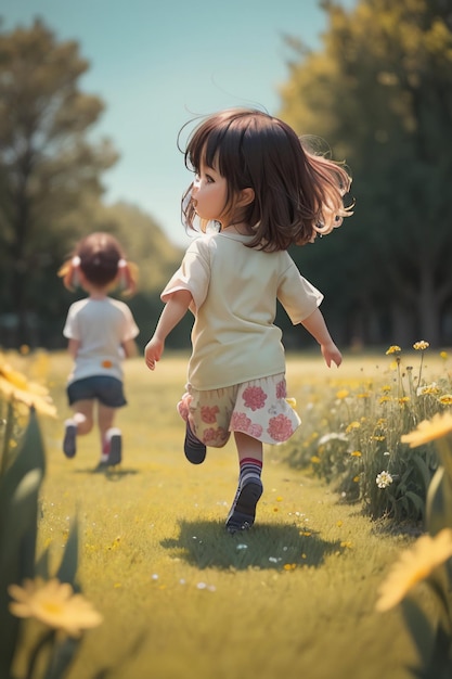 Duas meninas correndo em um campo de flores