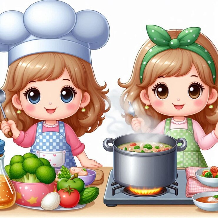 Foto duas meninas cozinhando em uma cozinha com um fogão e uma panela de comida