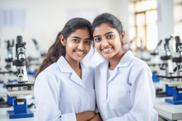 Duas meninas da escola indiana em uniforme branco sorrindo e dando expressão feliz