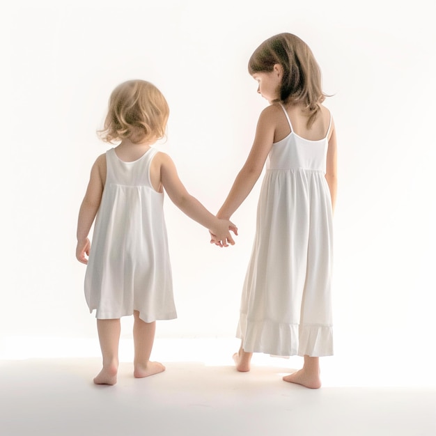 Duas meninas de mãos dadas e de pé em uma sala branca generativa ai