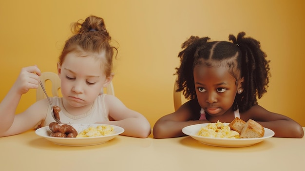 Duas meninas de pele branca e escura pequeno-almoço amizade diversidade multicultural