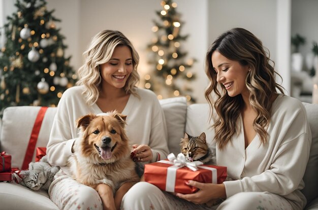 Duas meninas de pijama abrindo o presente de Natal e seu tempo com a família do cachorro