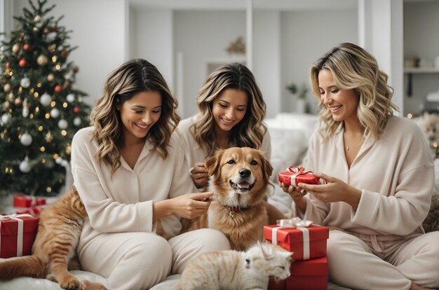 Duas meninas de pijama abrindo o presente de Natal e seu tempo com a família do cachorro