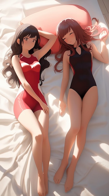 Duas meninas deitadas em uma cama, uma das quais tem um coração vermelho.