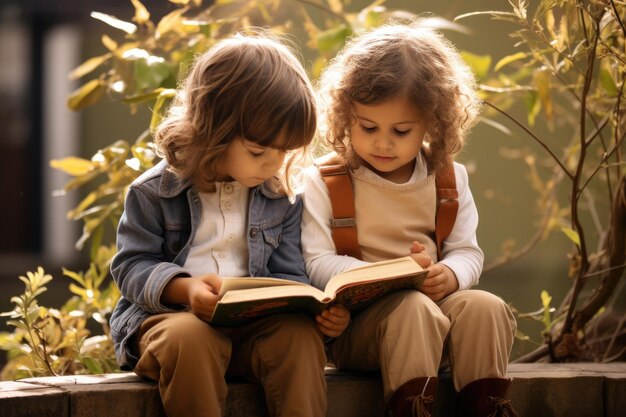 Foto duas meninas desfrutando de seu tempo juntas enquanto se sentam em um banco lendo um livro duas crianças sentadas ao ar livre absorvidas em um livro gerado por ia