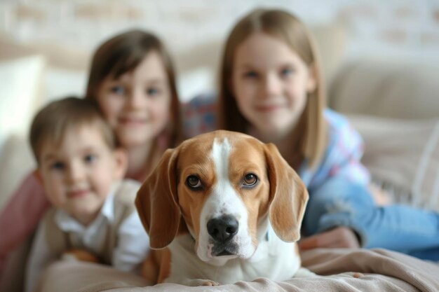 Duas meninas e um cachorro deitados em uma cama IA generativa