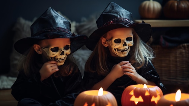 Duas meninas em trajes de halloween com caveira e ossos em seus rostos sentam-se na frente de uma abóbora.