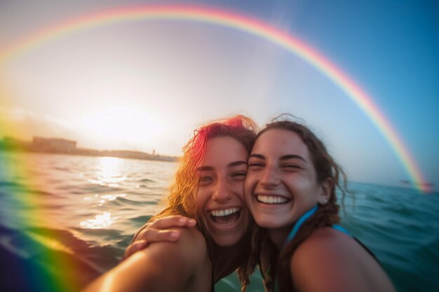 Duas meninas em um barco com um arco-íris ao fundo