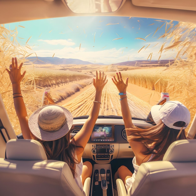 Foto duas meninas em um carro com as mãos erguidas dirigindo no verão