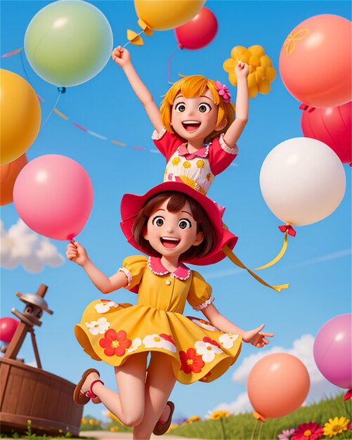 Duas meninas estão a voar com balões e uma delas tem um chapéu que diz "Feliz aniversário".
