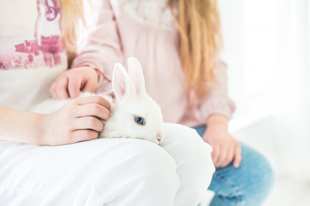 Duas meninas estão segurando um coelhinho branco