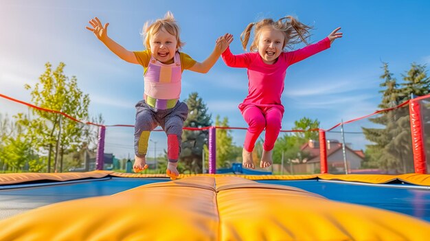 Duas meninas felizes a saltar num trampolim sob o céu.