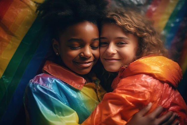 duas meninas felizes, de pele clara e afro-americanas adolescentes, vestidas com jaquetas coloridas do arco-íris em sinal de apoio às pessoas LGBT