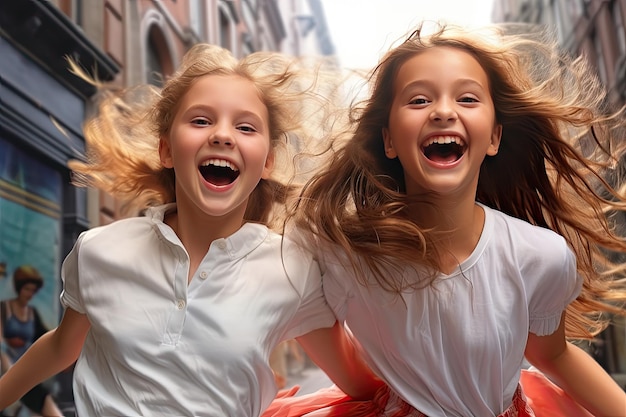 Duas meninas felizes e animadas se divertindo nos retratos da cidade