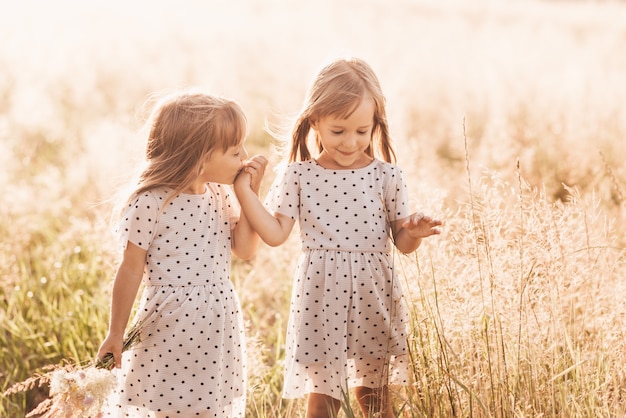 Duas meninas gêmeas idênticas felizes brincando juntos na natureza no verão. amizade de meninas e o conceito de juventude. estilo de vida de crianças ativas.