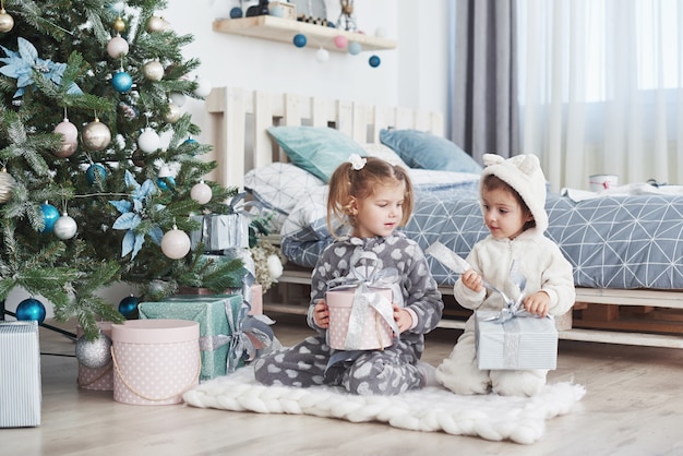 Duas meninas irmã abrem seus presentes na árvore de Natal pela manhã