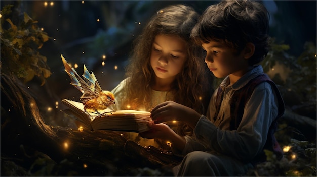 Foto duas meninas lendo um livro de contos de fadas na floresta de outono