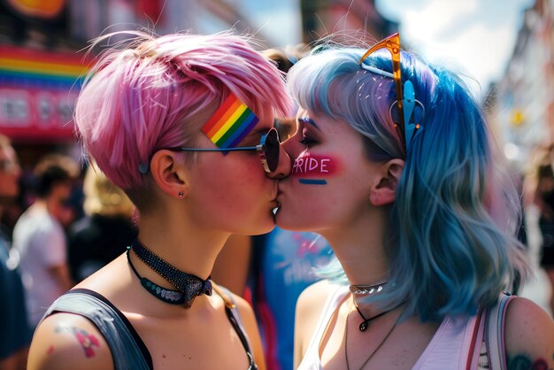 Duas meninas lésbicas a beijar a bandeira do orgulho arco-íris lqbtq conceito de diversidade desfile fundo amor romance