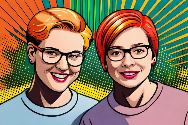 Duas meninas lésbicas sorridente com óculos Ilustração de IA gerativa